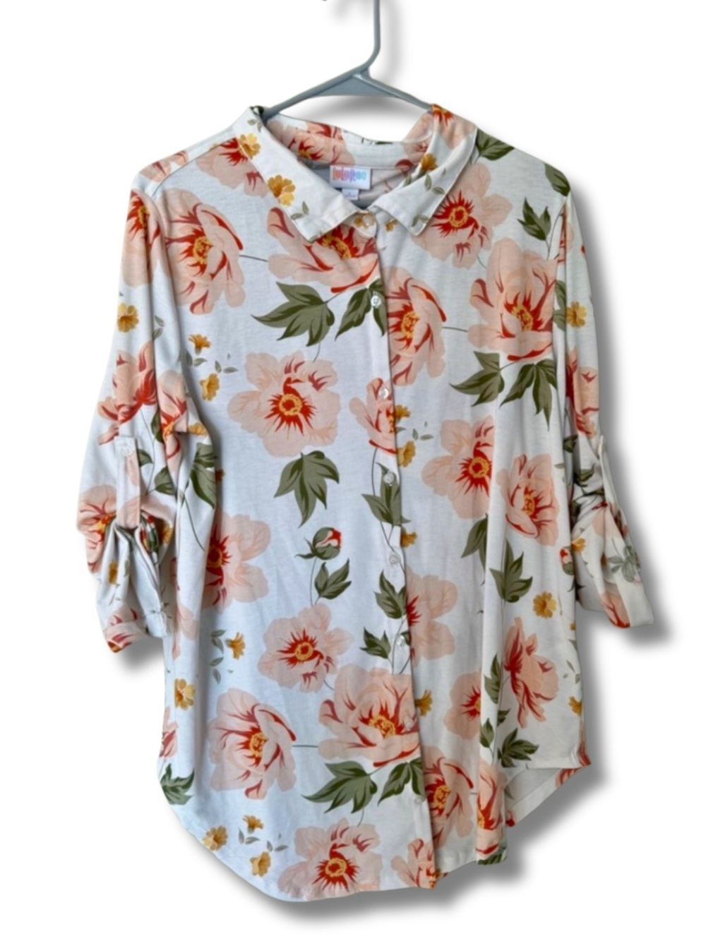 LuLaRoe Floral Valentina Ladies Large Button Down Shirt in Pinks, Green, White